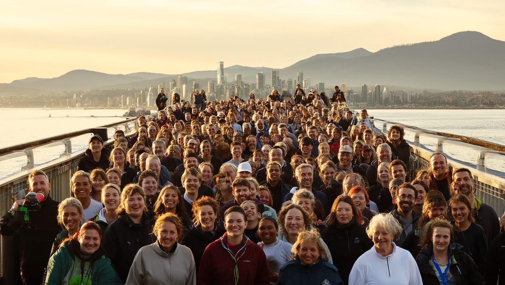 A large diverse crowd walking and jogging together on the Vancouver seawall at sunrise with the downtown skyline behind them